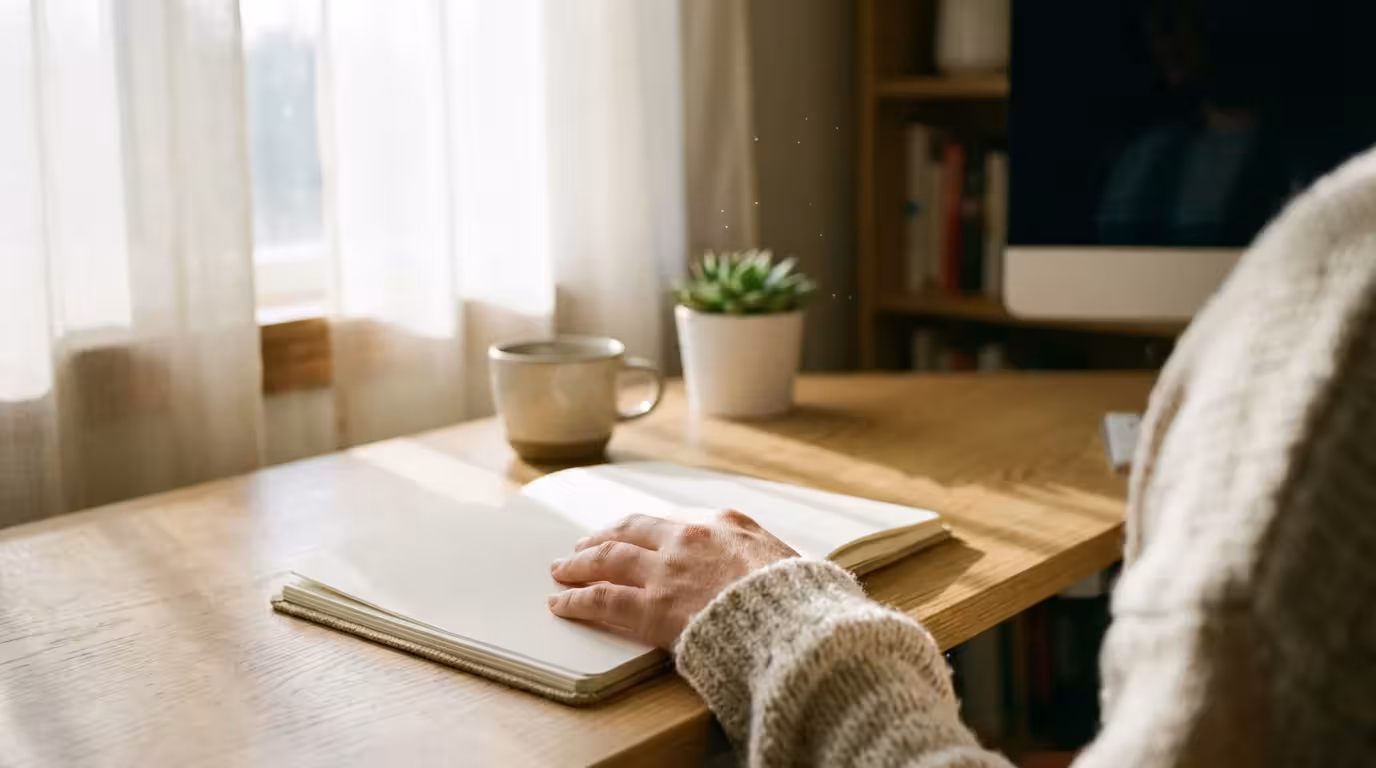 Person pausing at desk in morning light to reflect on work tasks.