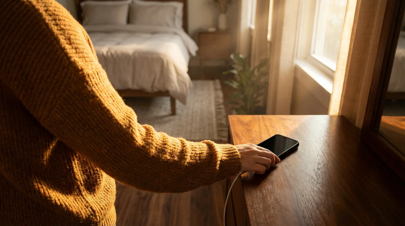 Person placing phone on dresser across the room from bed during sunset.