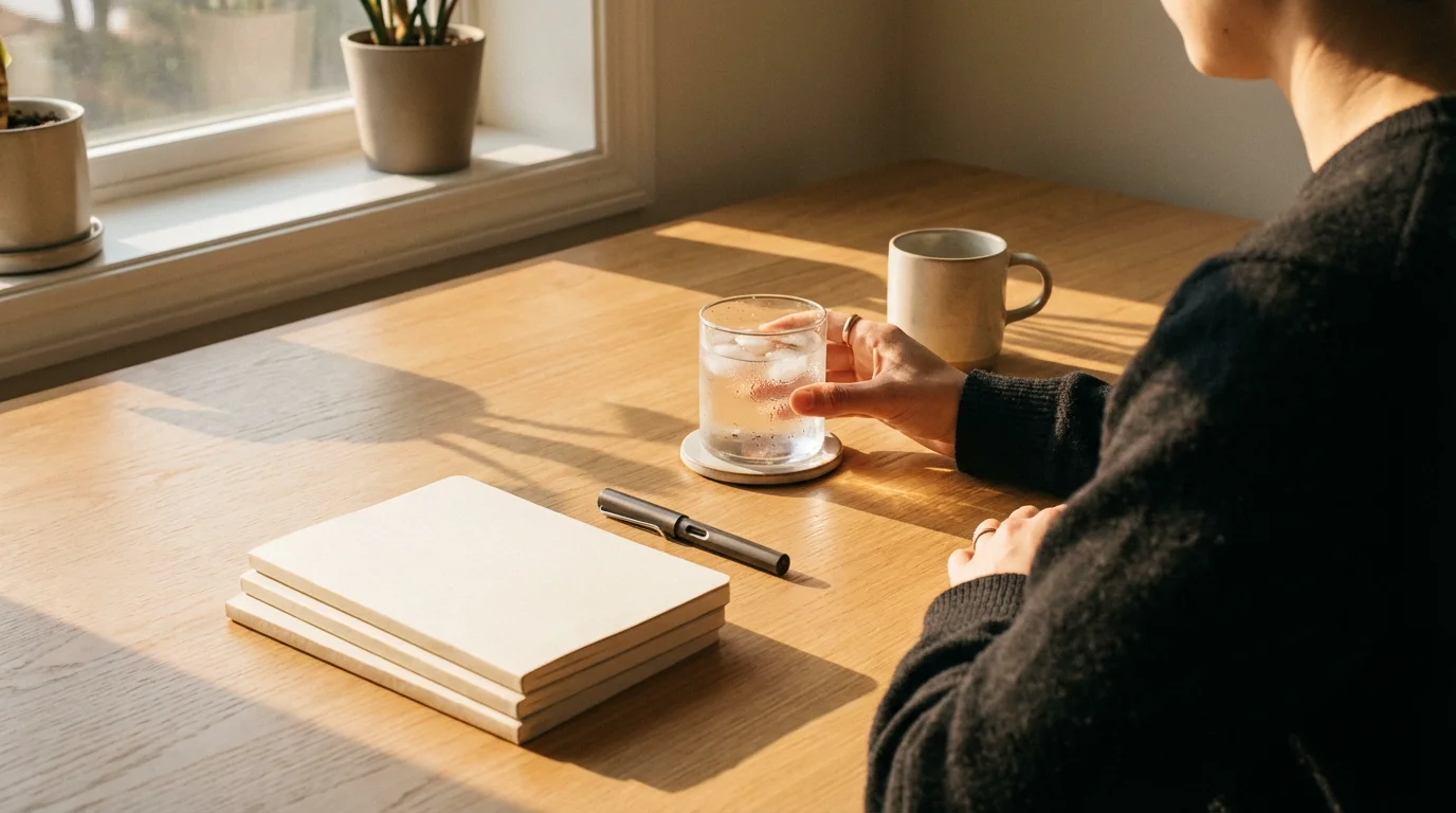 Person placing water glass on tidy desk to prepare for focus work session.