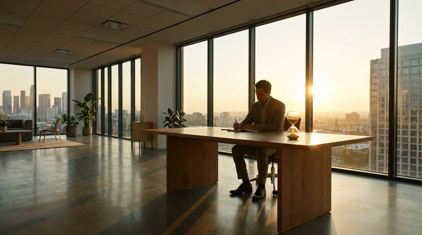 Person planning schedule in modern office during golden hour sunset with hourglass on desk.