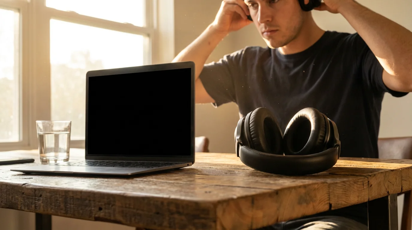 Person putting on noise-canceling headphones at a desk during a sunny morning.