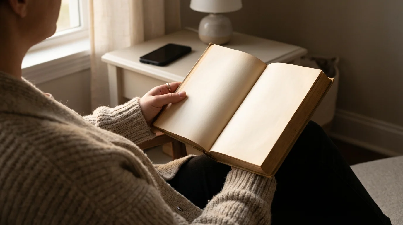 Person reading a physical book in a cozy chair during an evening wind-down routine.