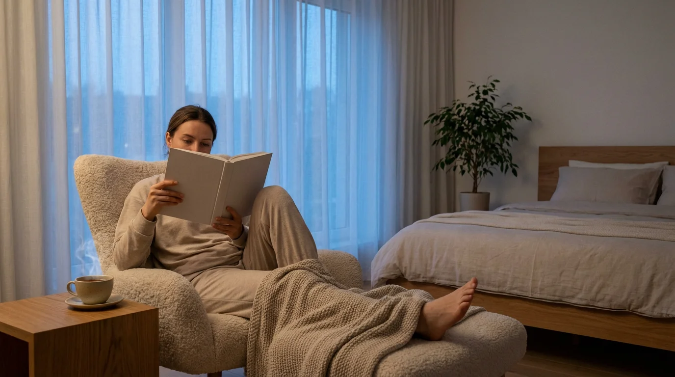 Person reading book in cozy bedroom chair during evening wind-down routine.
