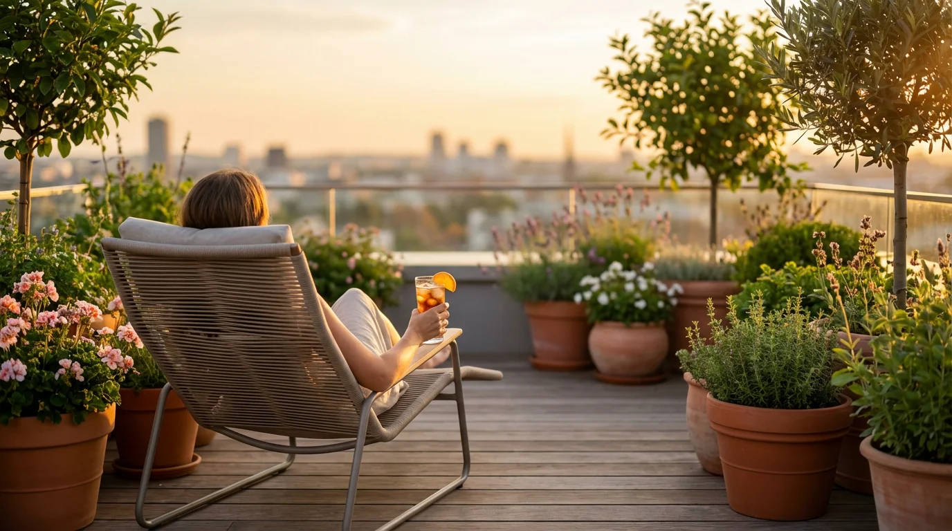 Person relaxing on a sunset rooftop terrace enjoying a refreshing drink as a reward.