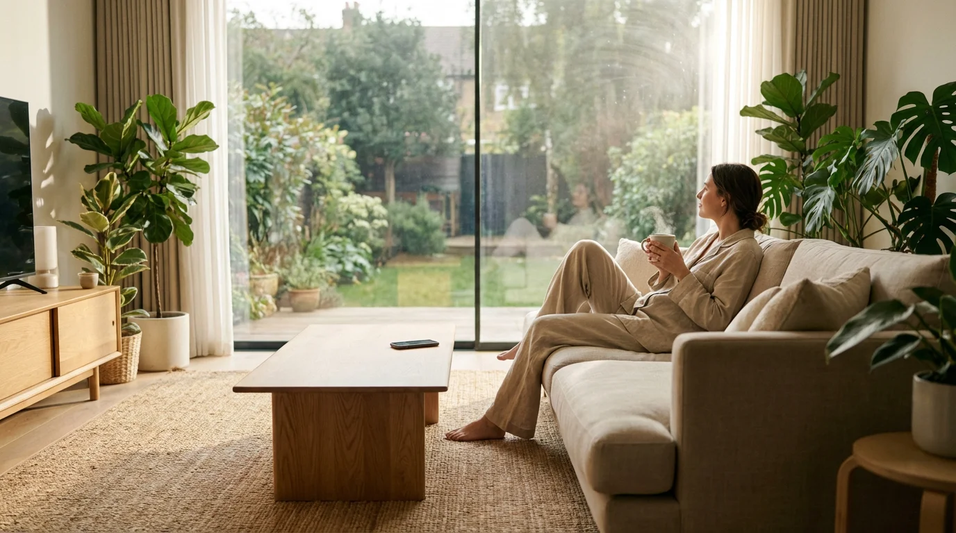 Person relaxing on sofa with coffee while phone lies face down on table.
