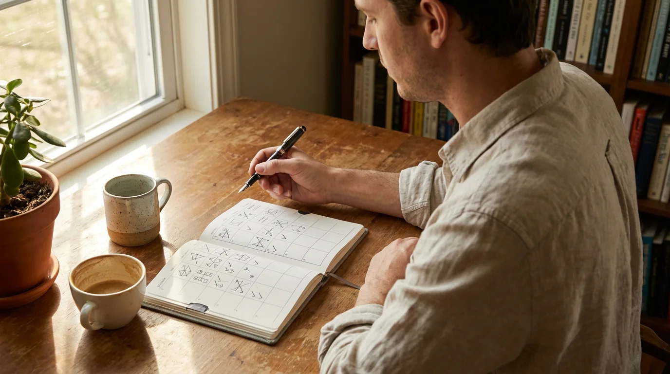 Person reviewing a weekly planner at a desk with natural light.