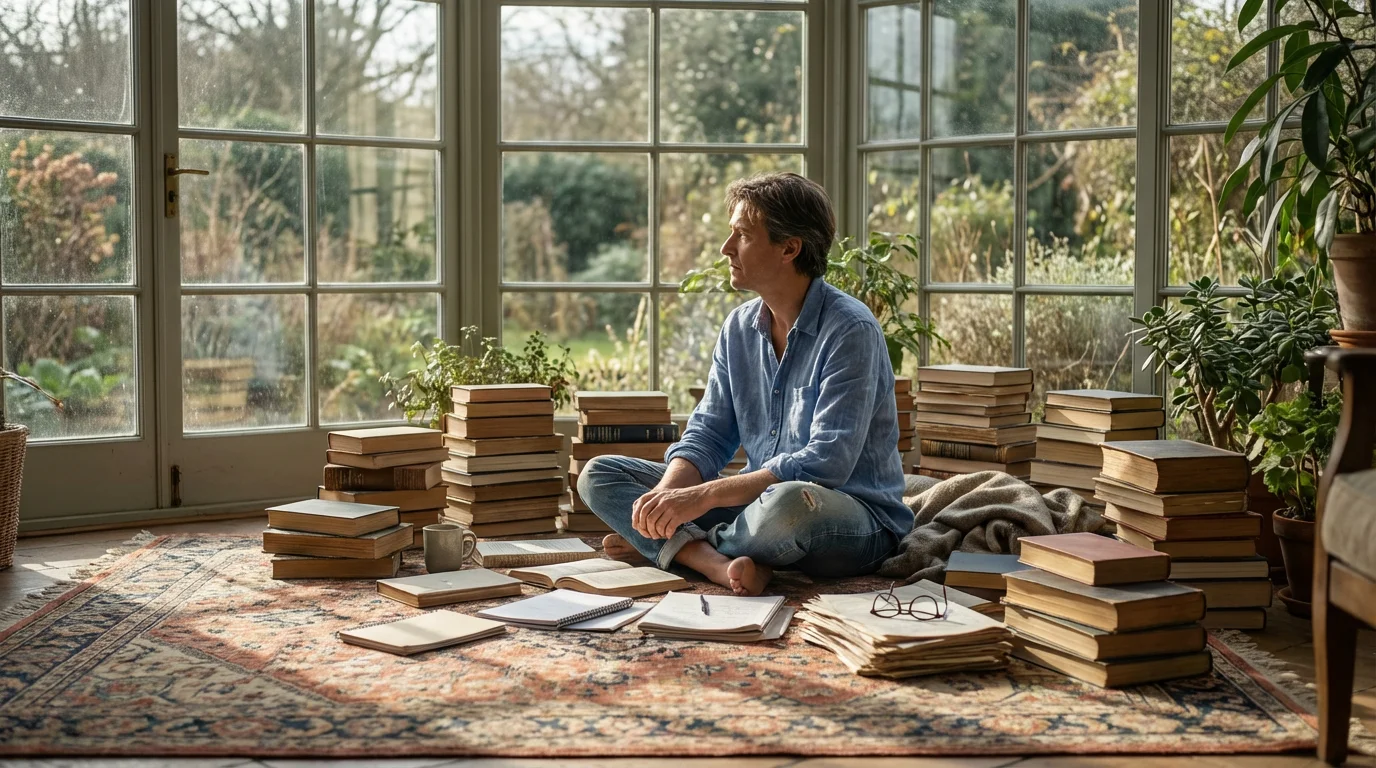 Person sitting on floor in sunlit room organizing piles of books and papers