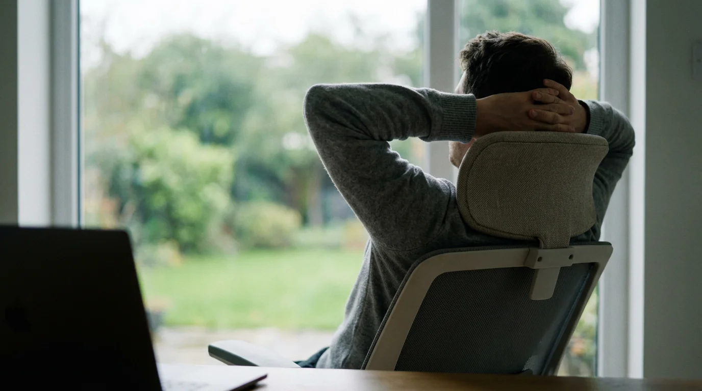 Person stretching in office chair looking out window to take a break from work.