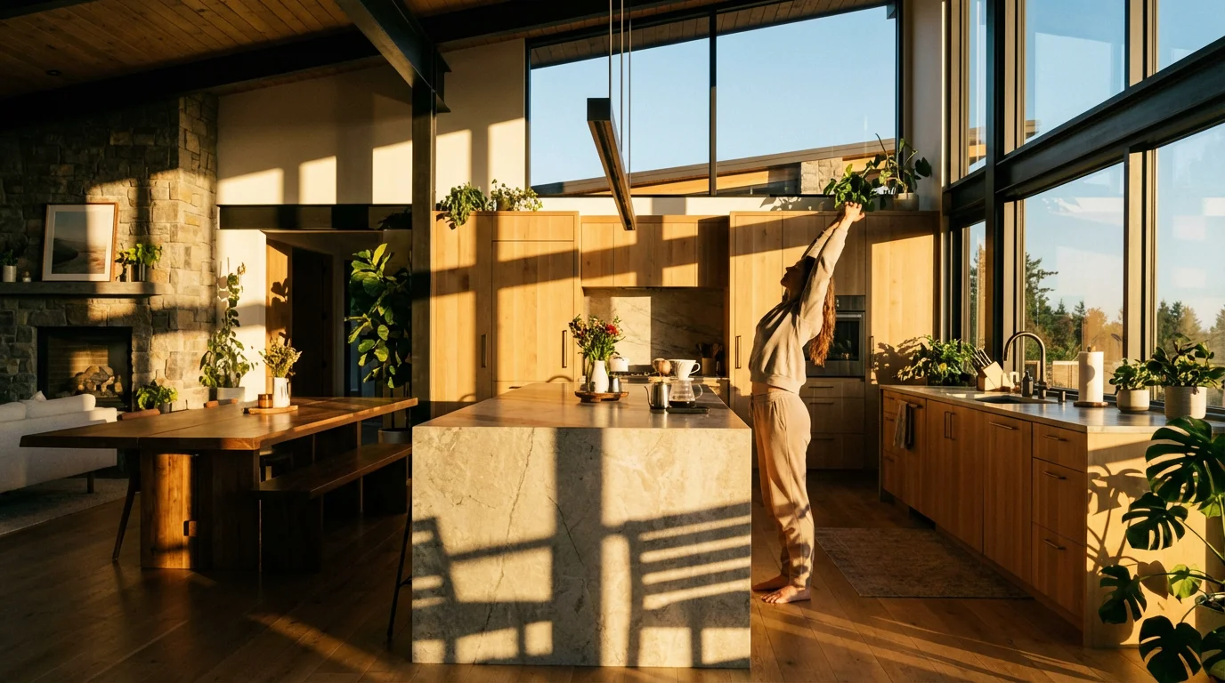 Person stretching next to coffee machine in sunlit kitchen representing habit stacking