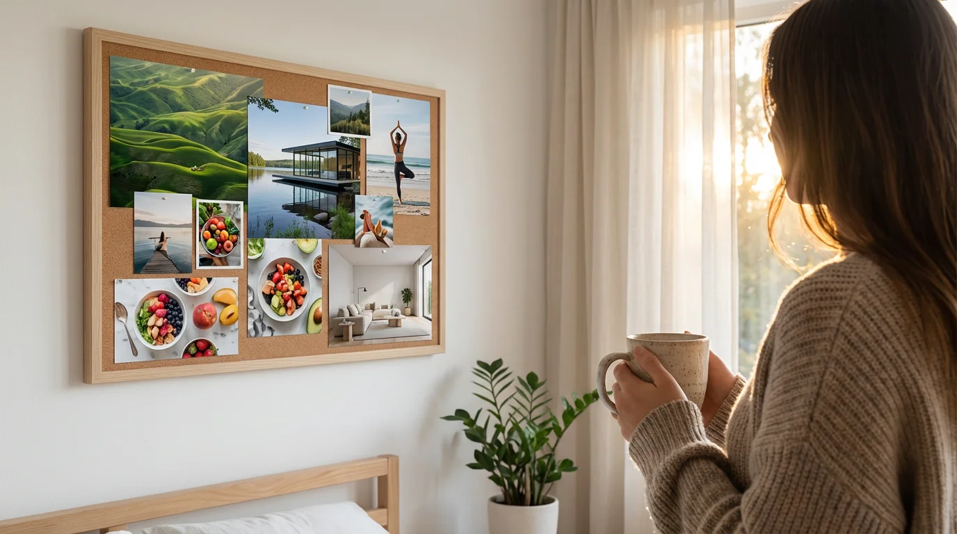 Person viewing wall-mounted vision board in a sunlit bedroom during morning routine.