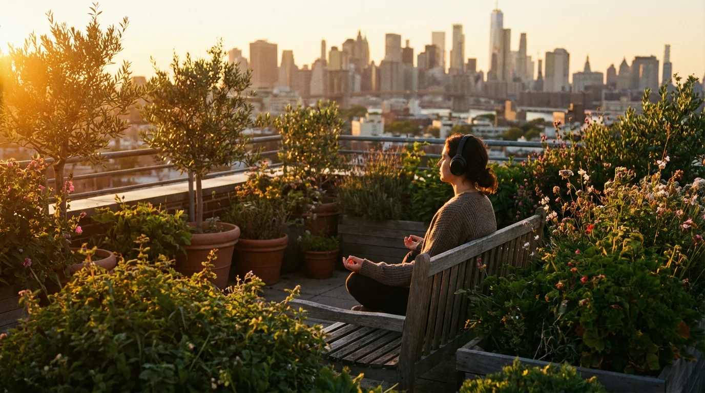 Person wearing headphones meditating on a city rooftop during golden hour sunset.