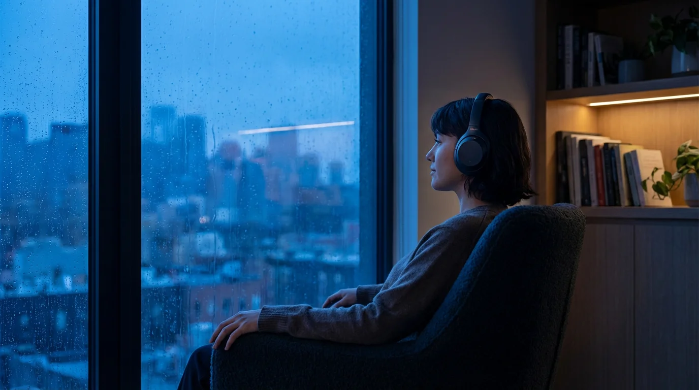 Person wearing noise-canceling headphones sitting by a window at twilight