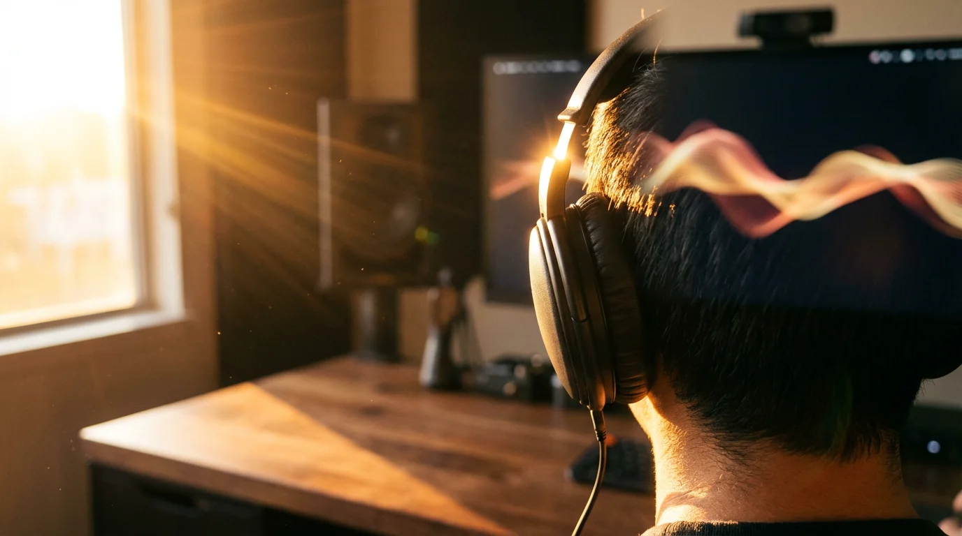 Person wearing noise-canceling headphones at a desk bathed in warm golden hour sunlight.