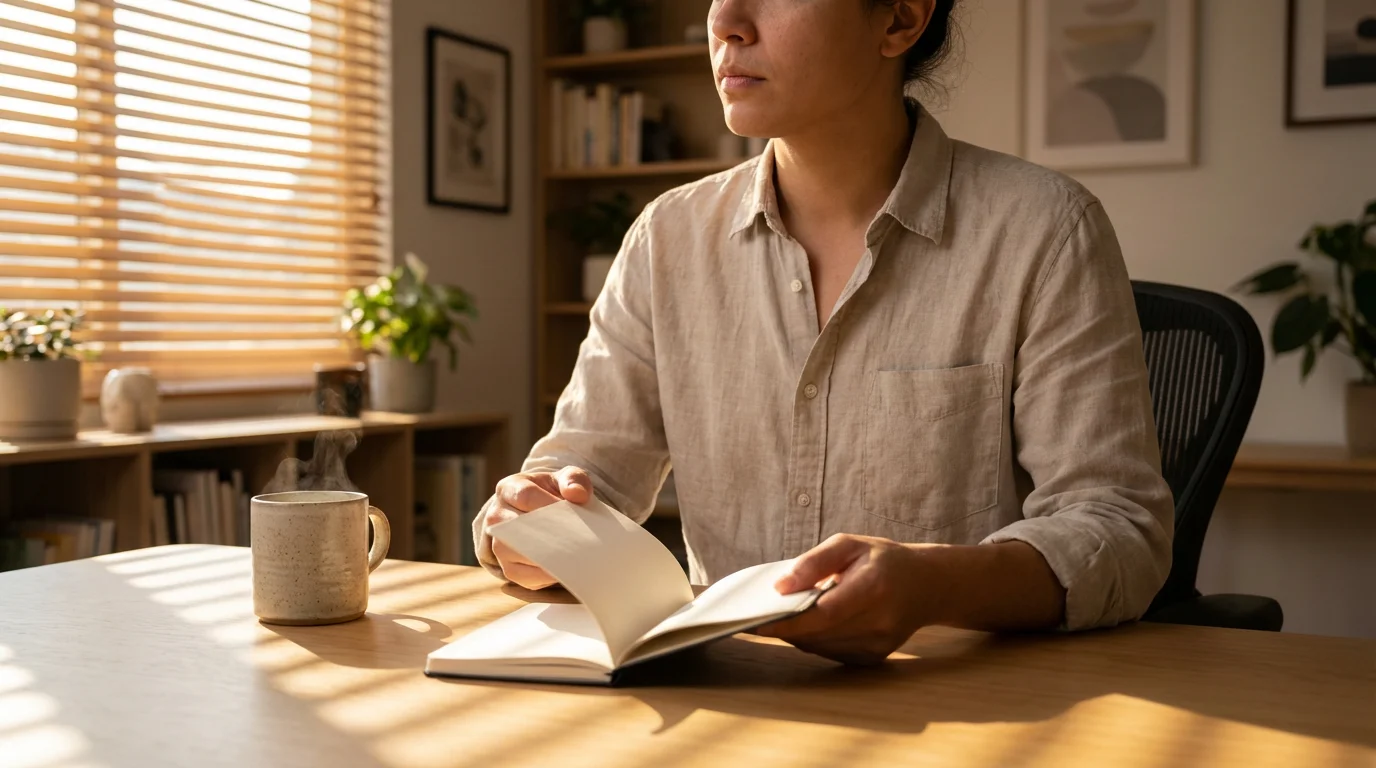 Person working at desk in home office with moody afternoon lighting and shadows.