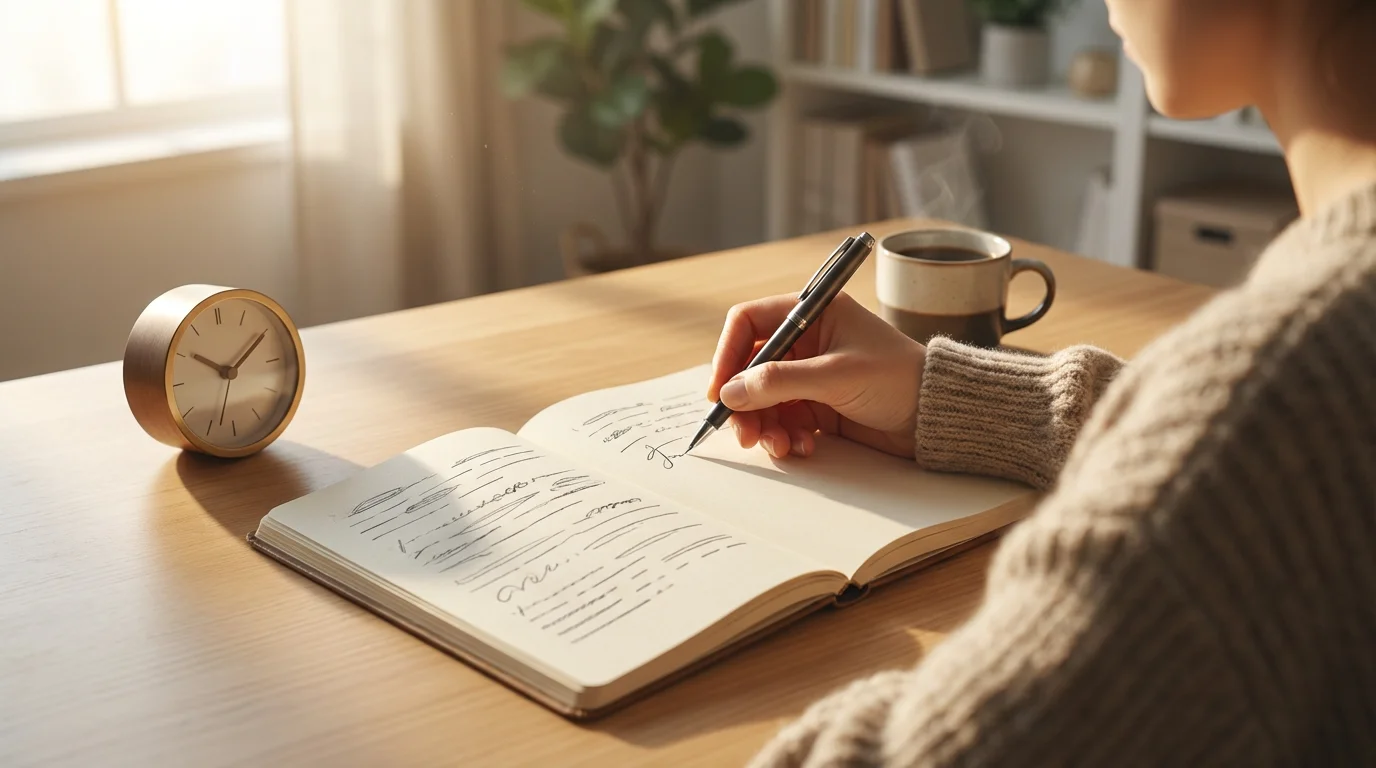 Person writing in a notebook next to a desk clock during a time audit.