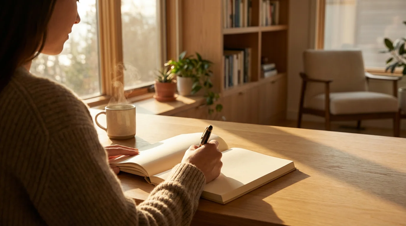 Person writing in a planner at a desk during golden hour representing strategic planning.