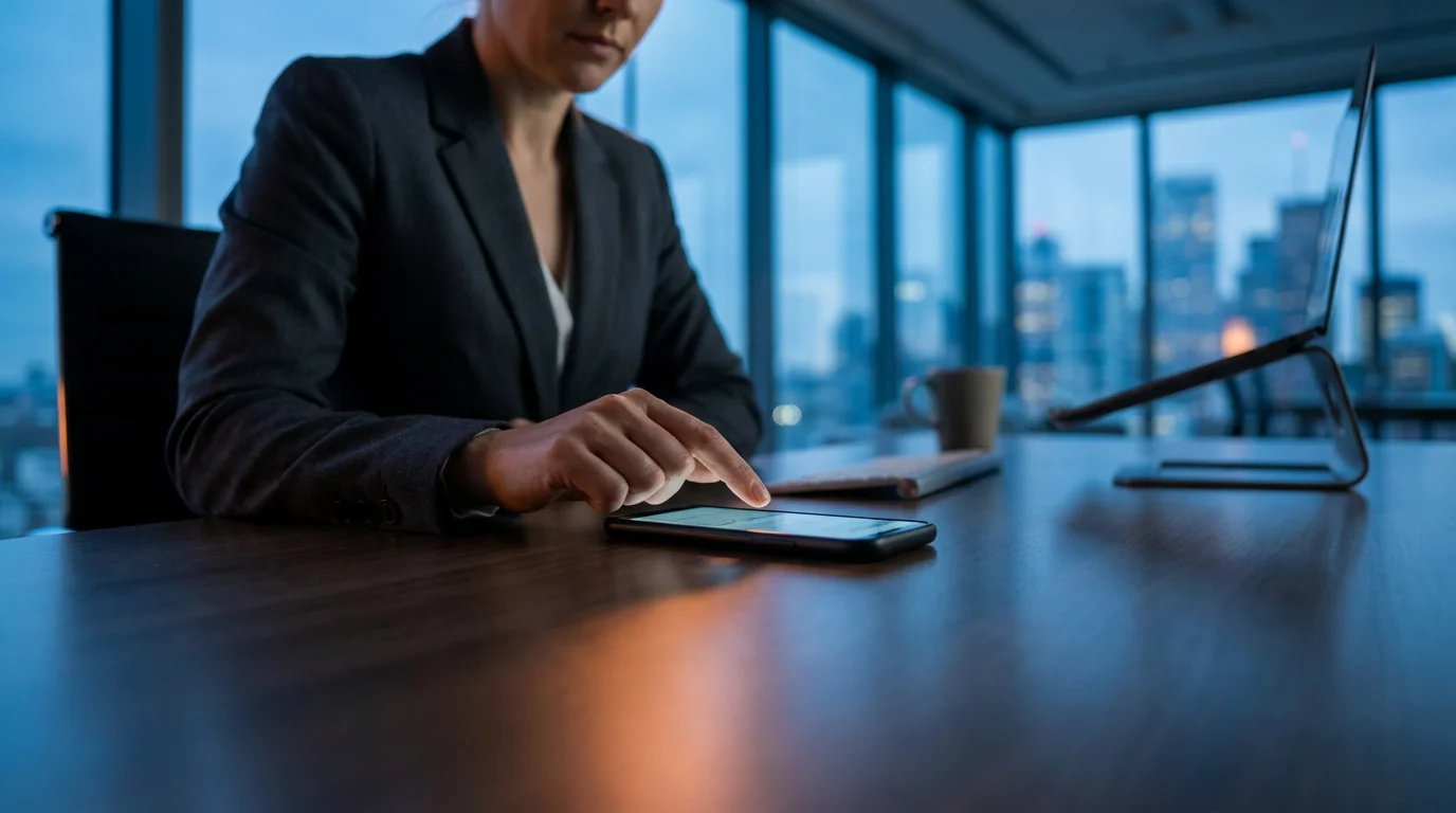Professional checking smartphone in a modern office during evening blue hour.