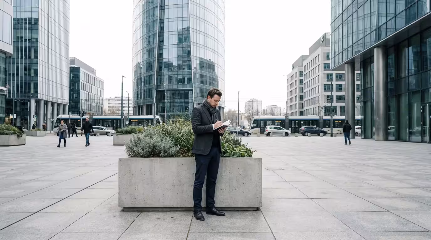 Professional pausing in a modern urban plaza to write in a small notebook.
