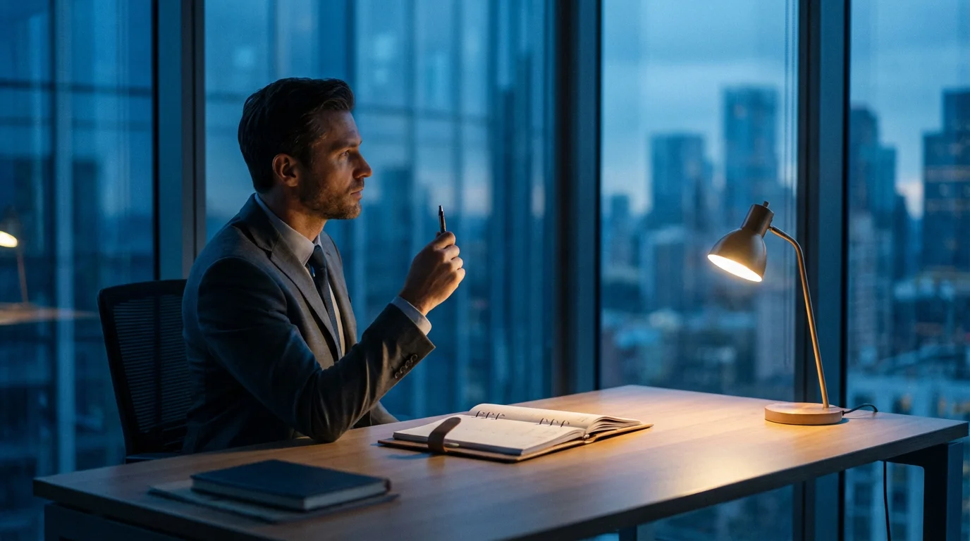 Professional reflecting at desk during evening blue hour in a modern office setting.