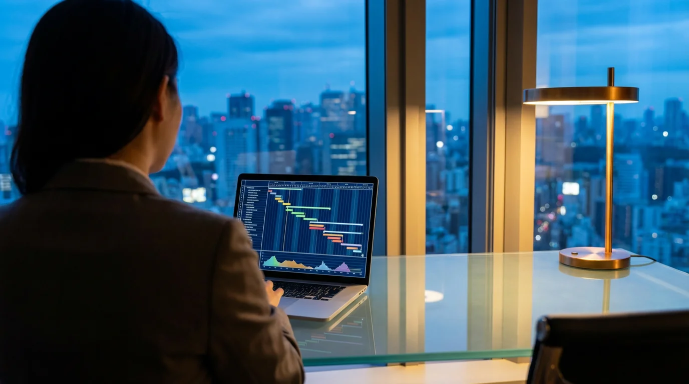 Professional reviewing workflow on laptop in high-rise office during blue hour evening.