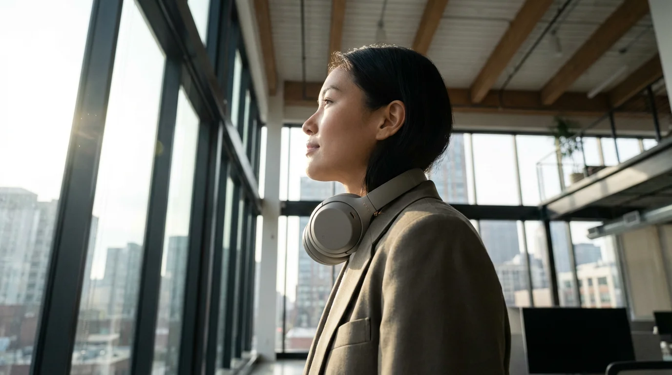 Professional standing by window with headphones around neck taking a mental break