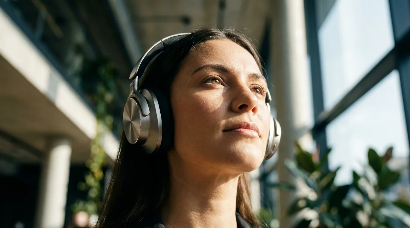 Professional wearing noise-canceling headphones in a sunlit office low angle shot.