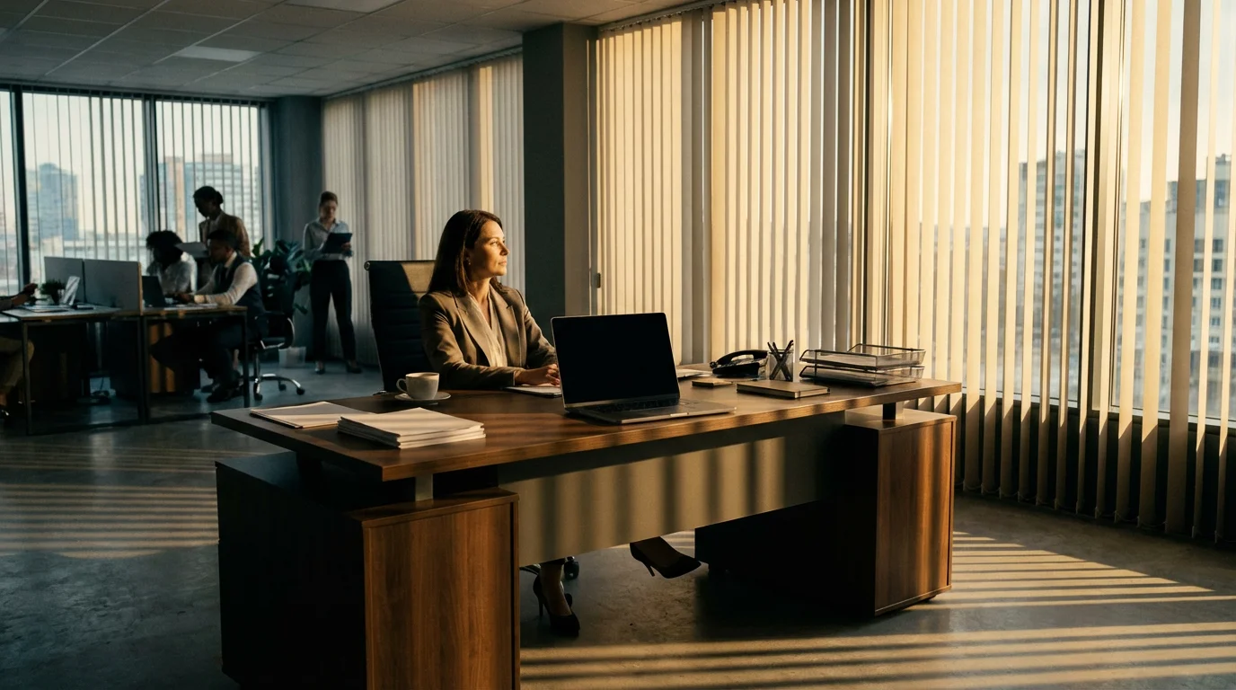 Professional woman in a modern office with dramatic moody afternoon lighting and shadows.