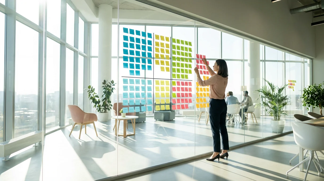 Professional woman organizing colored sticky notes on a glass office wall during daytime.