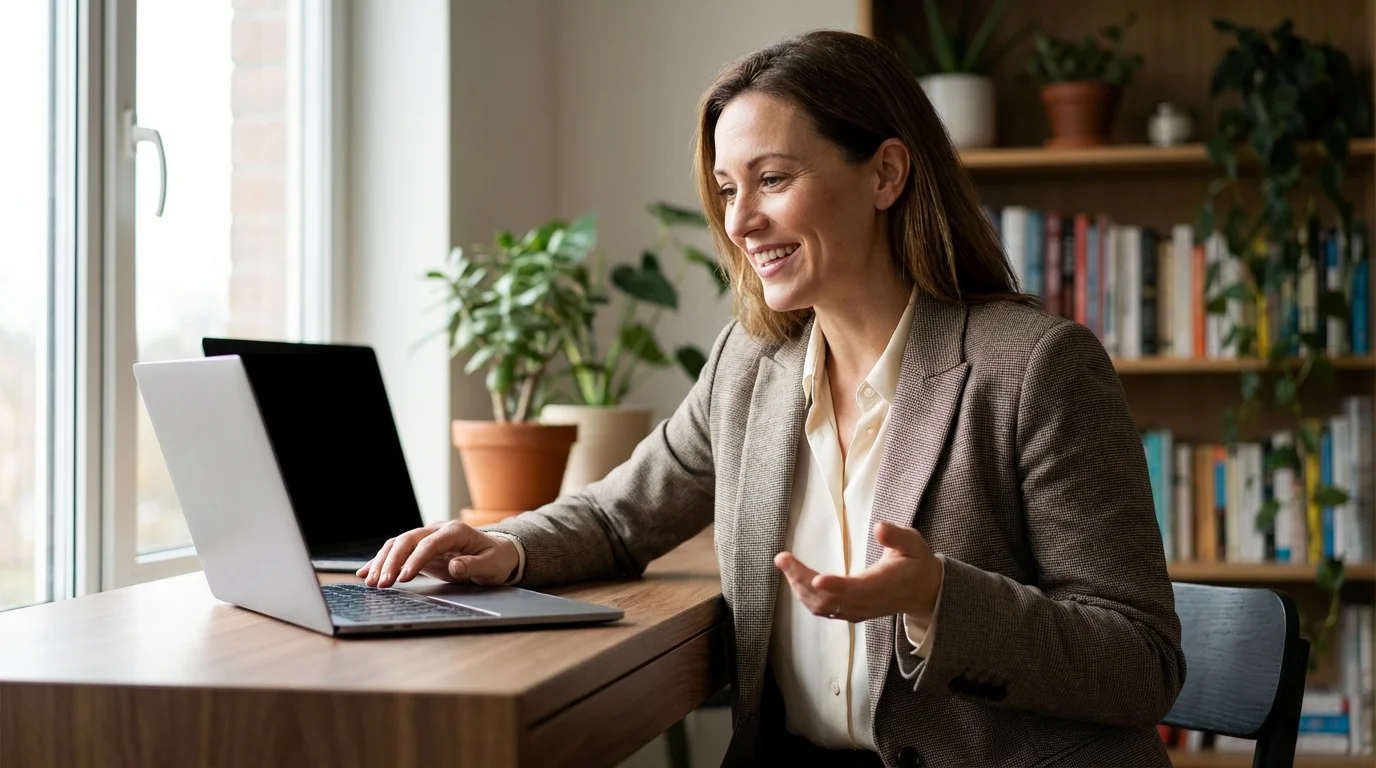 Professional woman recording an asynchronous video message on a laptop in a home office.
