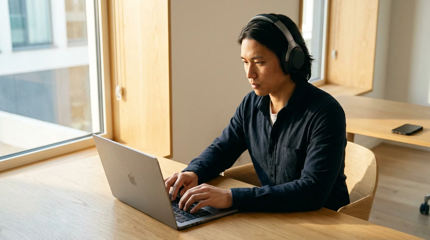 Professional working at clean desk with noise-canceling headphones and phone set aside.