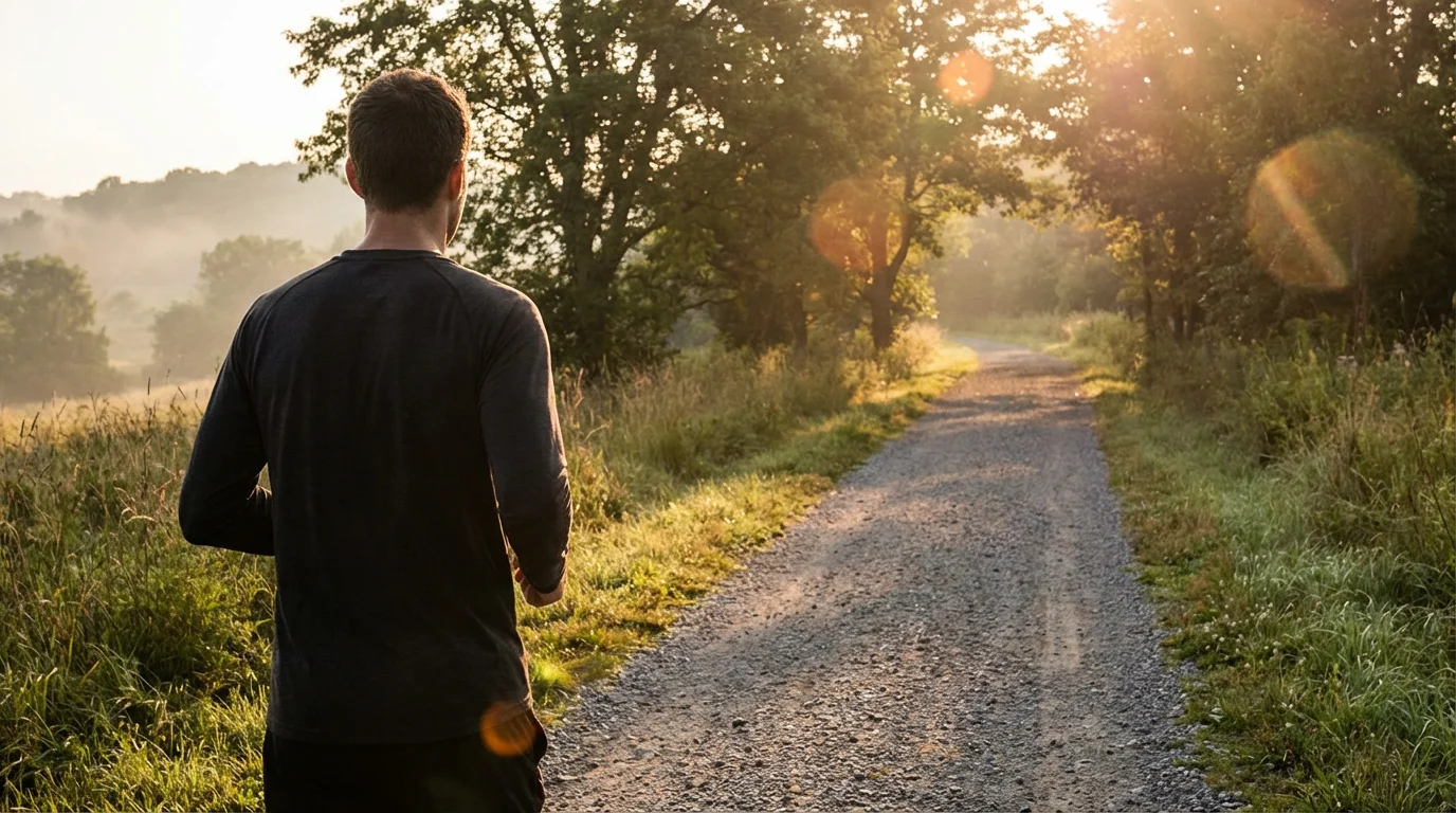 Runner looking down a sunlit park trail during golden hour, ready to exercise.