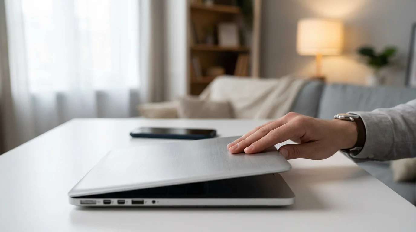 Side view of a hand closing a laptop lid on a white desk with a phone nearby