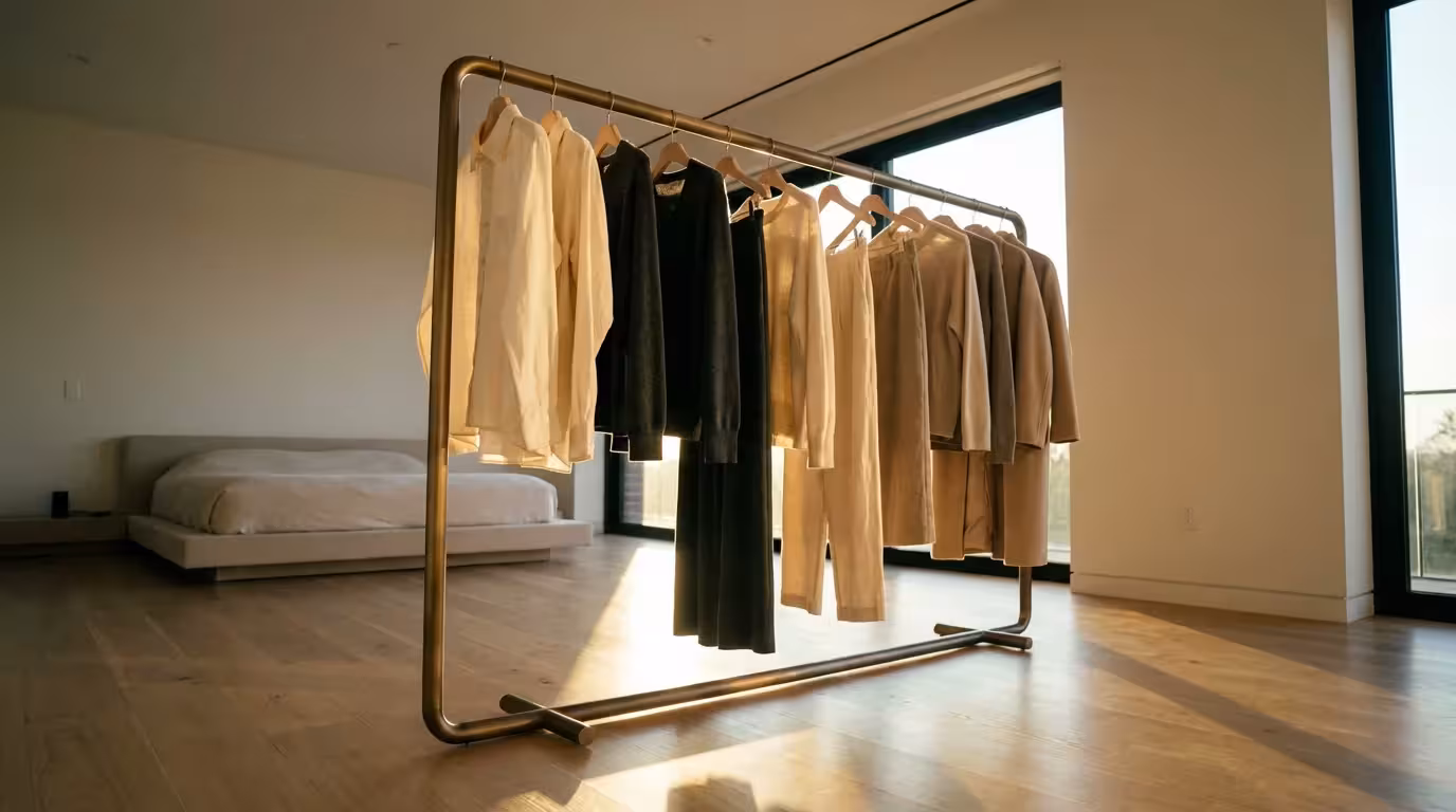 Sleek minimalist clothing rack with neutral garments illuminated by warm sunset light.
