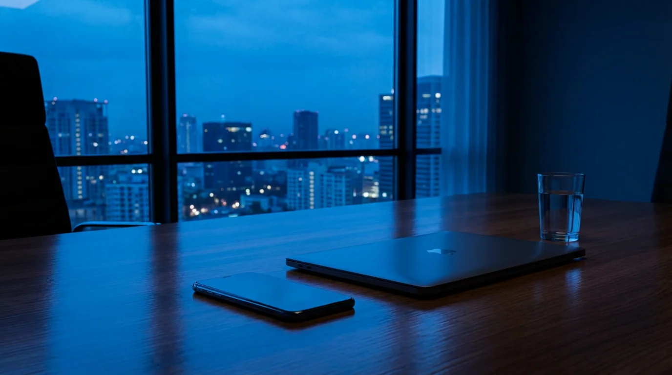 Smartphone placed face down on a desk near a window during evening blue hour.