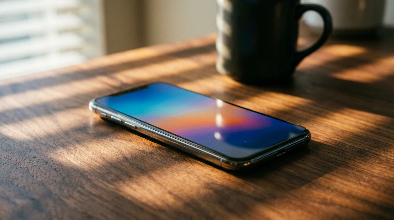 Smartphone resting on wooden desk with dramatic afternoon shadows and a decluttered screen.