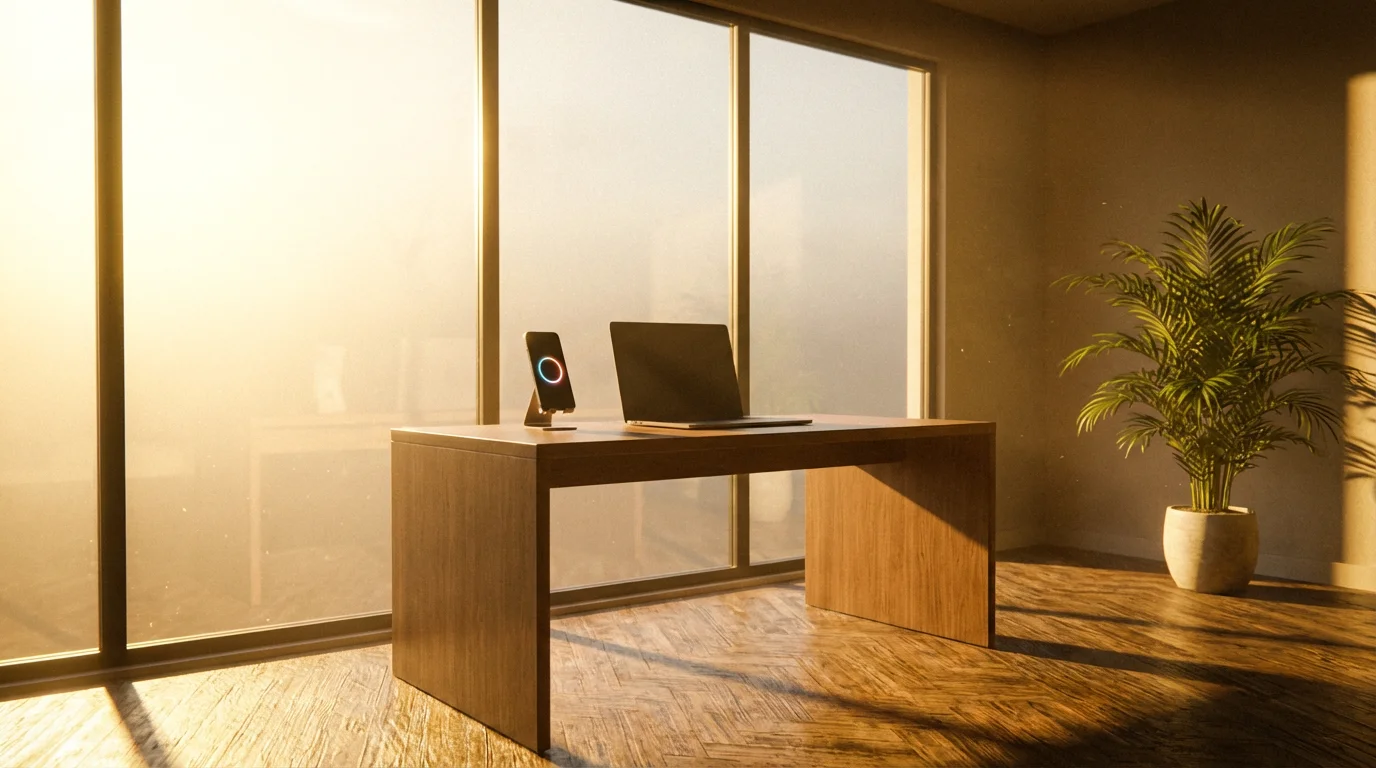 Sunlit home office workspace with smartphone timer on desk during golden hour.