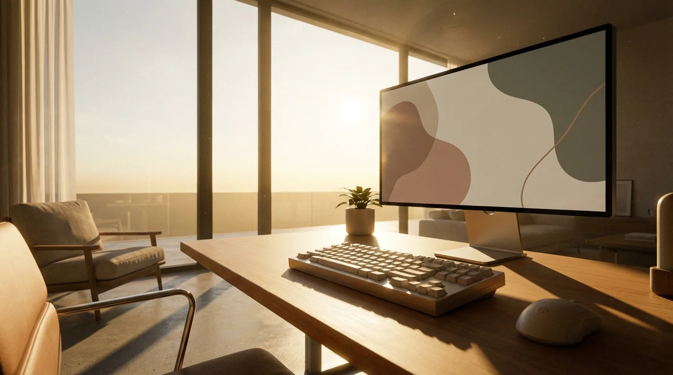 Sunlit modern home office desk with blank keyboard and monitor during golden hour.