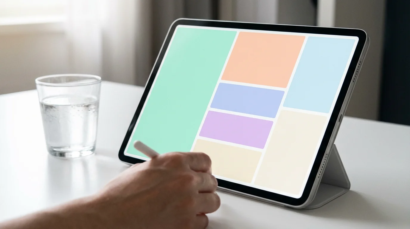 Tablet showing color-blocked digital calendar grid on a desk in morning light.