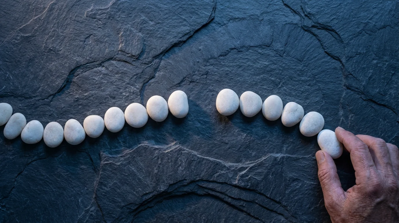 Top down view of white stones arranged in a line with a gap, continuing after the break.
