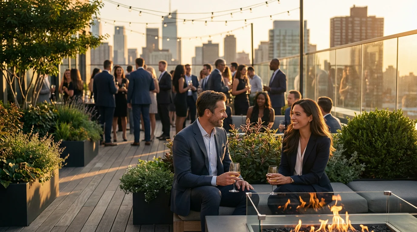 Two people having a deep conversation at a busy rooftop party during sunset.