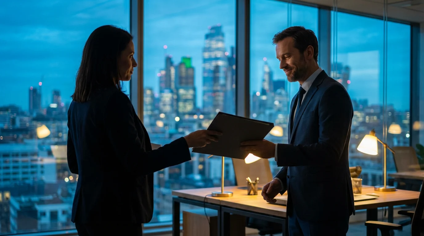 Two professionals exchanging a file folder in a modern office with city skyline at night.