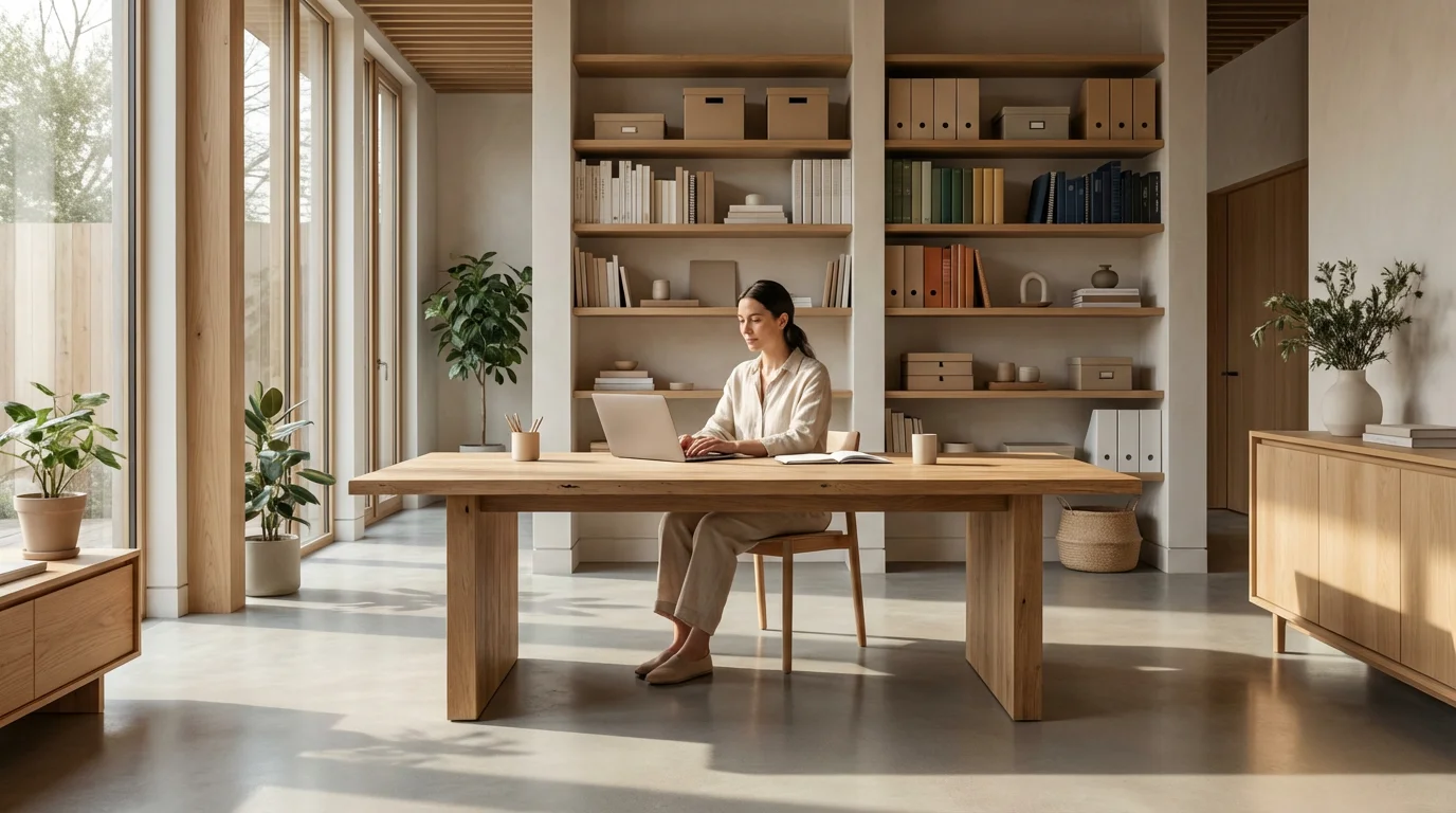 Wide angle photo of a person working at a desk in a tidy, sunlit home office.