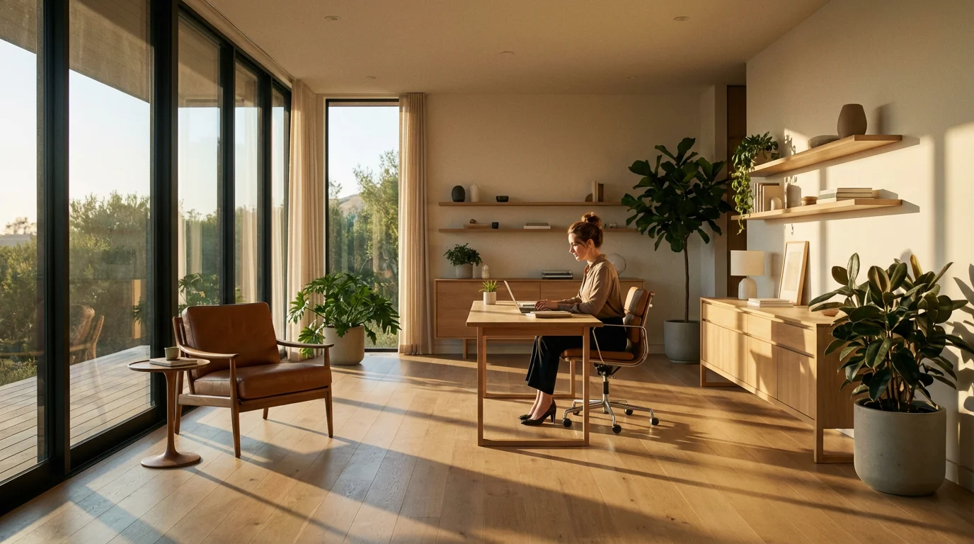 Wide shot of a serene, organized home office during golden hour with a focused professional.