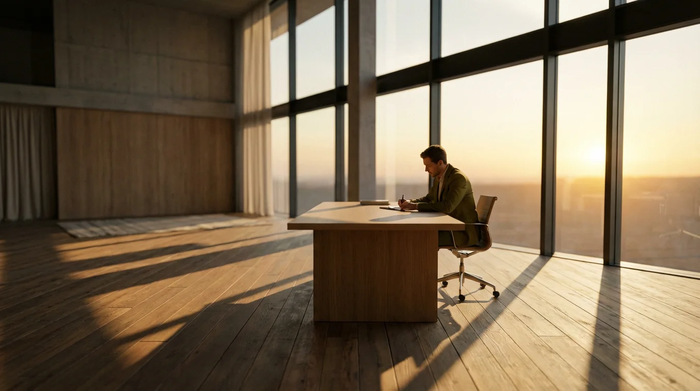 Wide shot of professional working in a sunlit office with dramatic afternoon shadows.