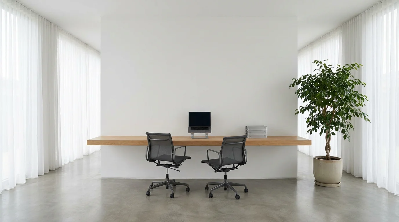 Wide view of a clean minimalist home office desk with hard drives and closed laptop