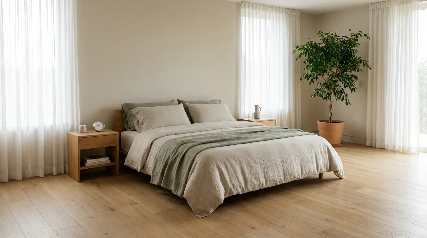 Wide view of a peaceful technology-free bedroom with natural light and minimalist decor.