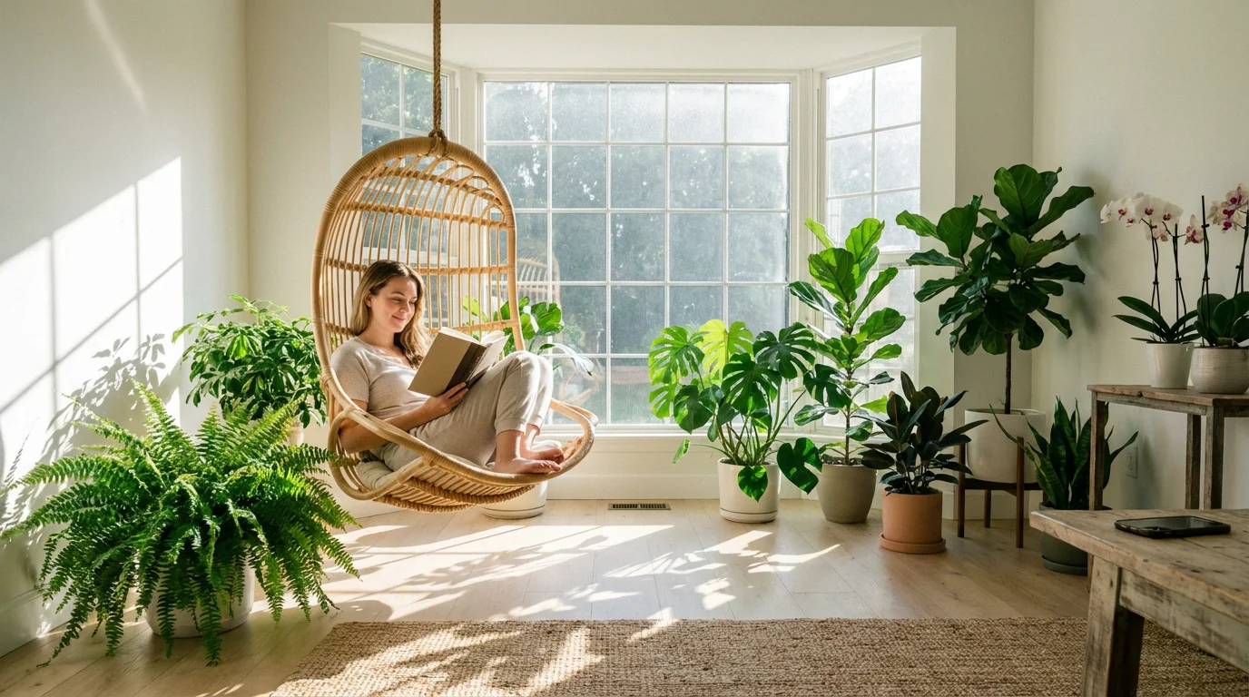 Woman reading book in sunlit room with smartphone left face down on distant table.