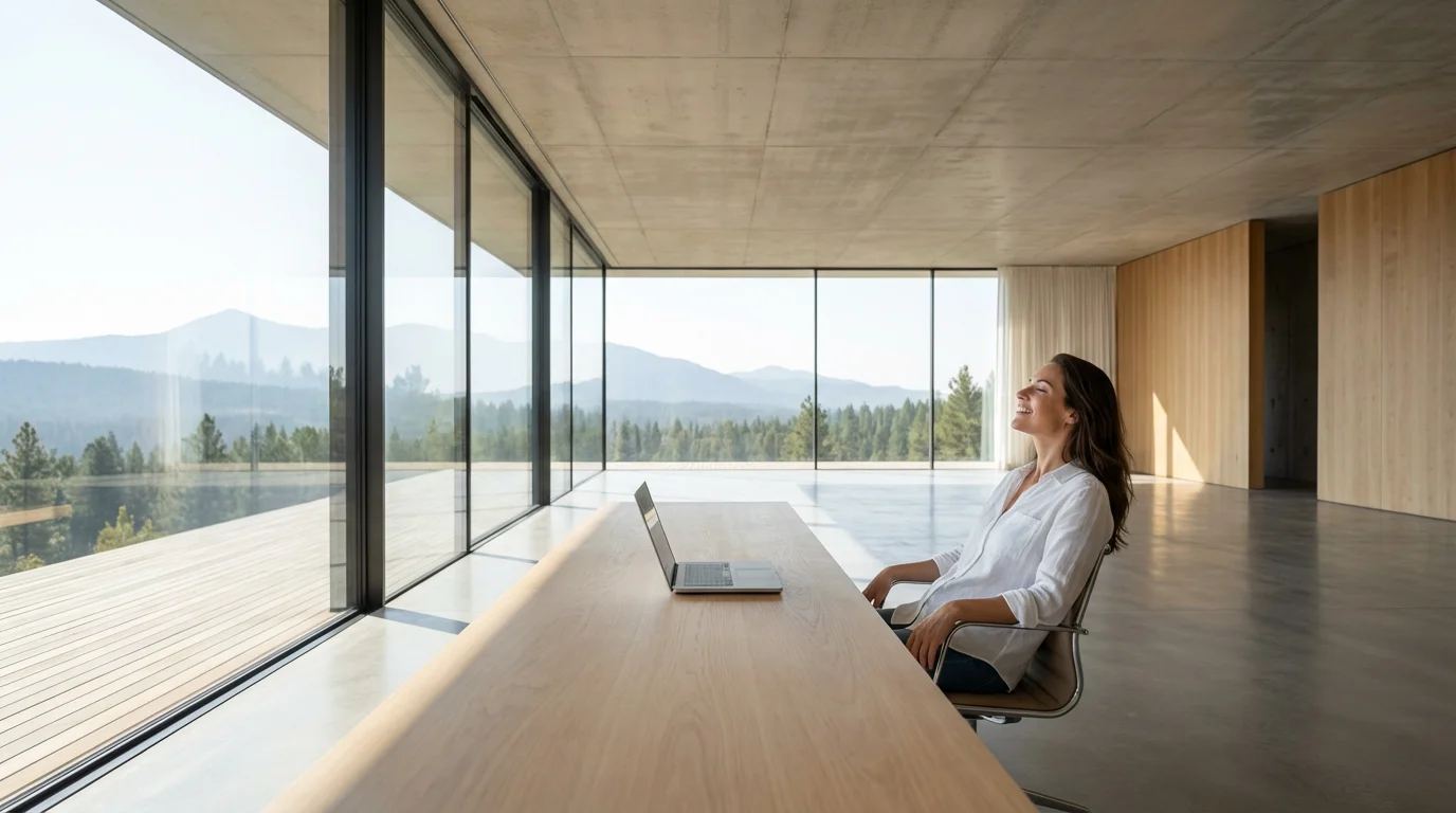 Woman relaxing at empty desk in sunlit office after deleting unnecessary tasks.