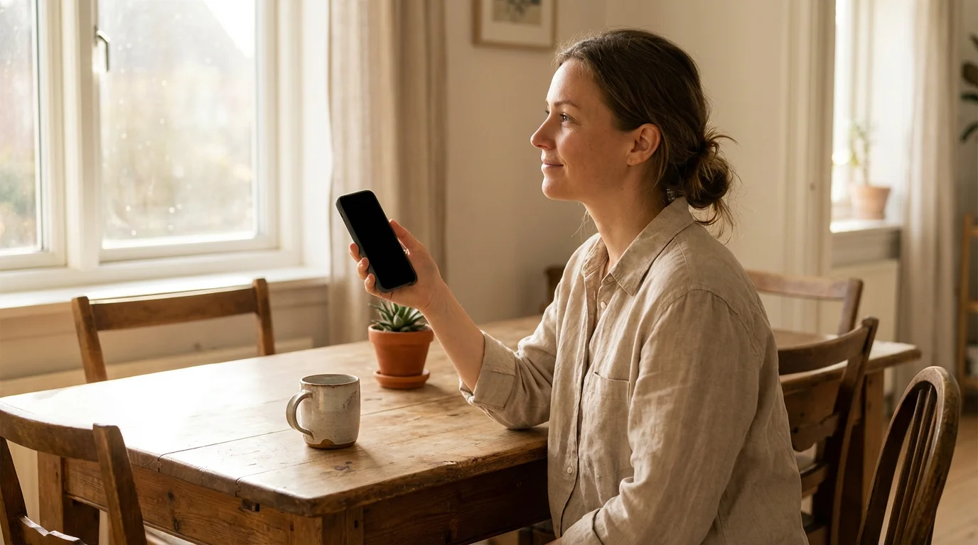 Woman sitting at sunny table holding smartphone with dark screen looking out window