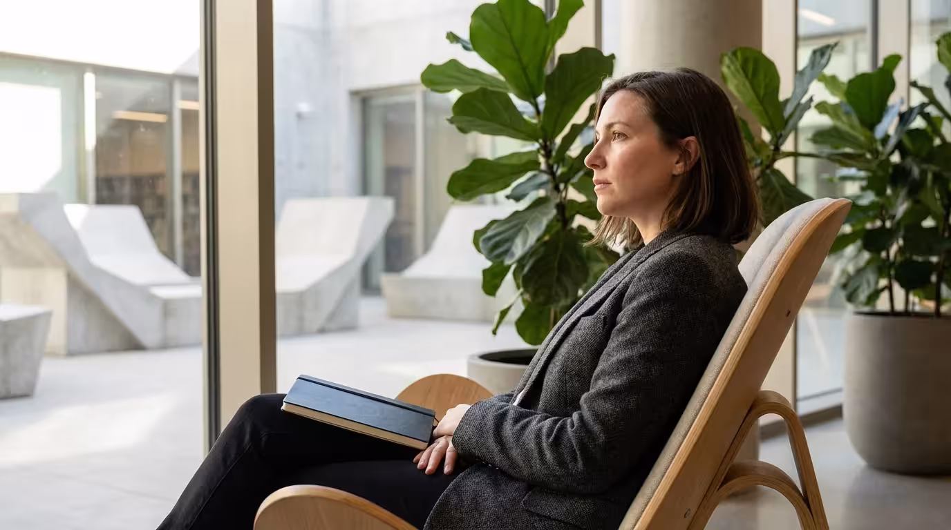 Woman sitting in a sunlit lounge chair pausing to reflect in a modern space.